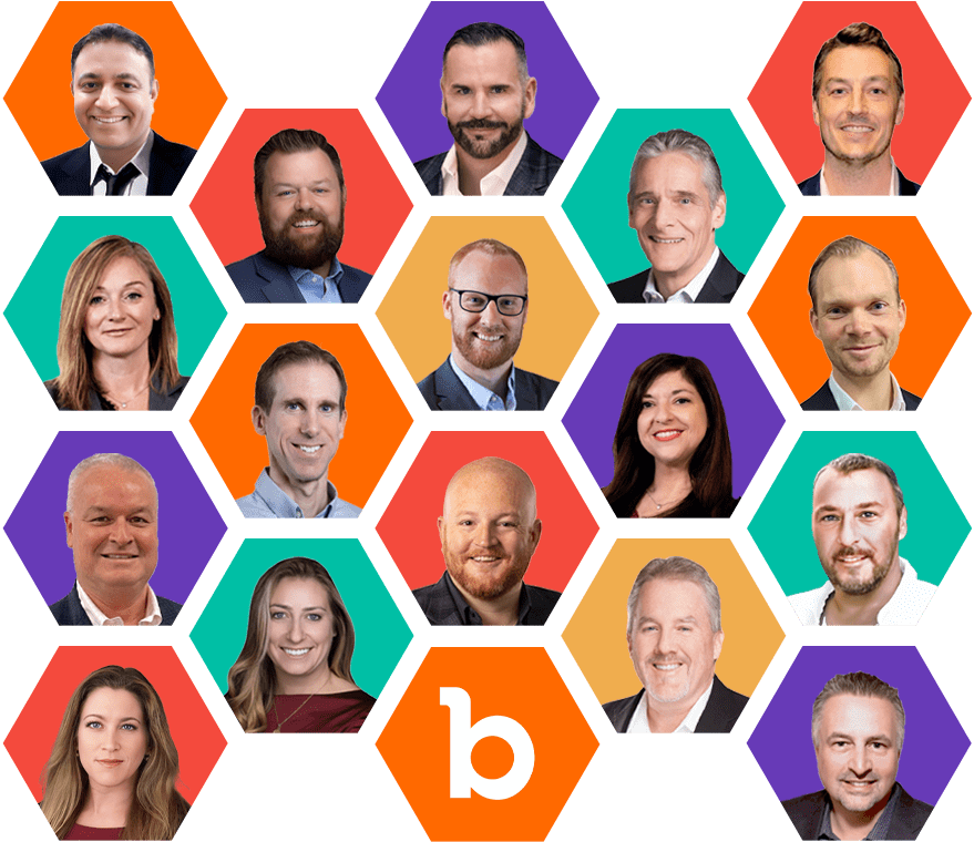 A grid of colorful hexagons with images of company executives inside them organized around the Bugcrowd logo.